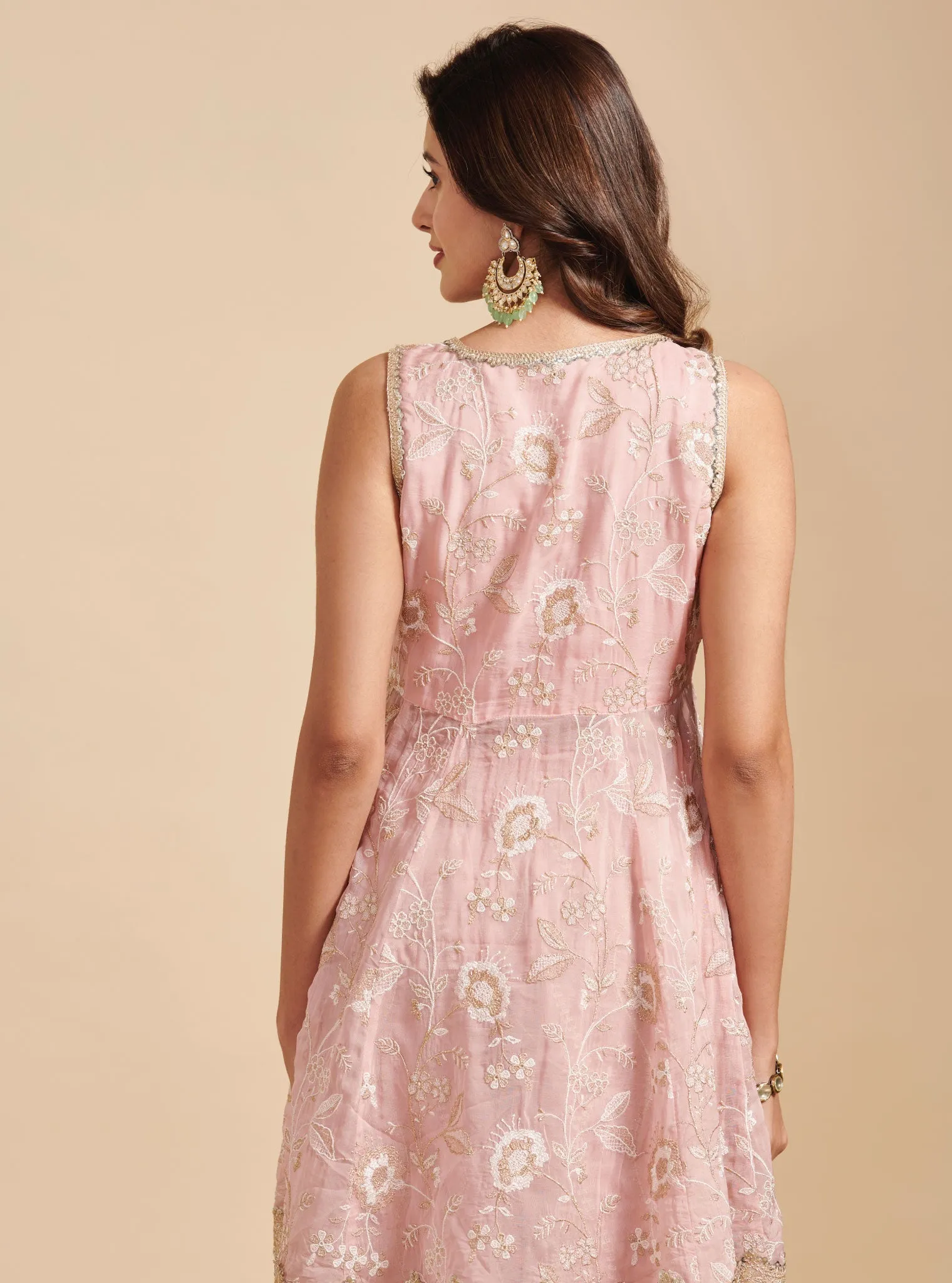Mulmul Organza Lashkara Pink Short Anarkali Kurta With Mulmul Silk Lashkara Pink Sharara