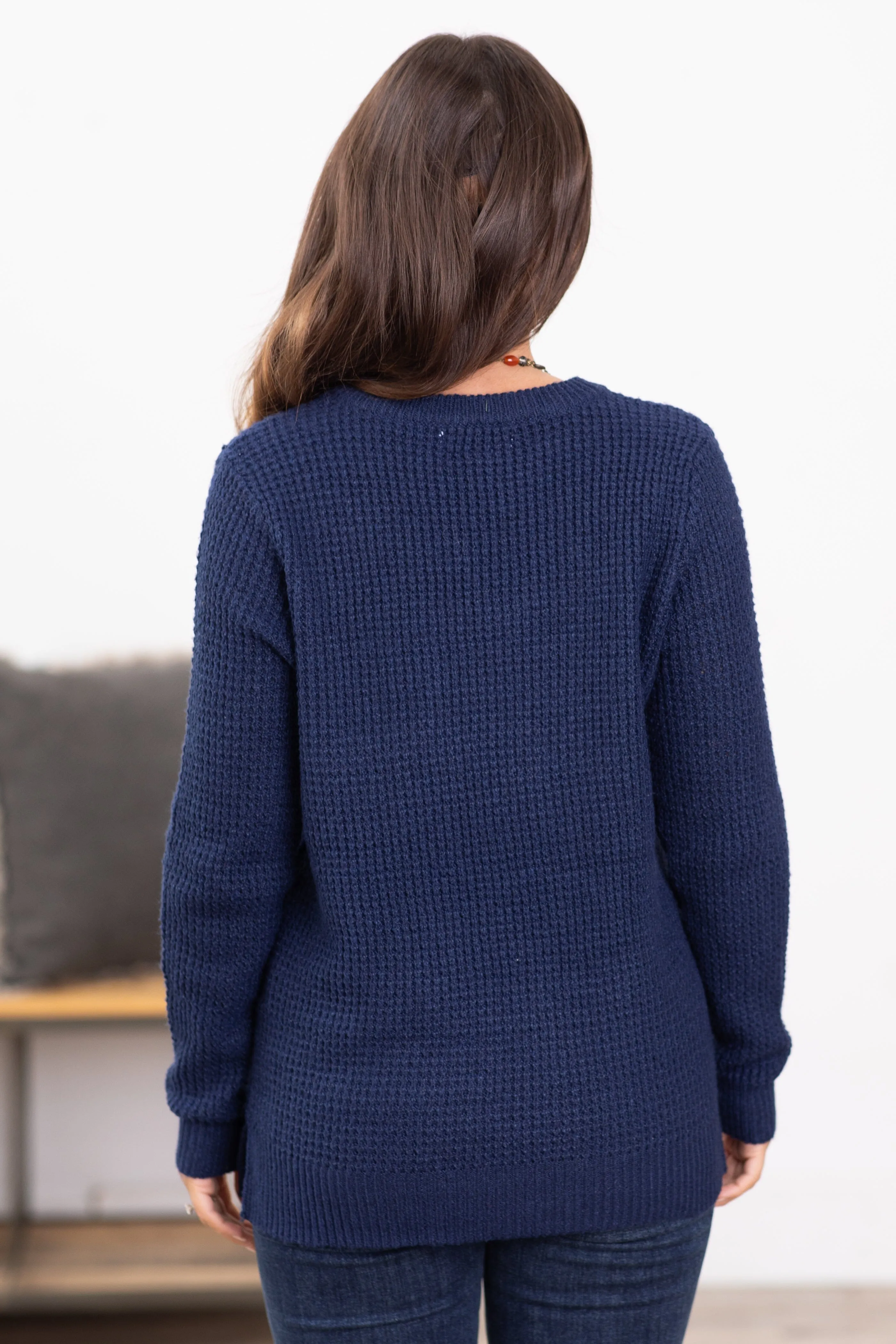 Navy Waffle Knit Round Neck Sweater
