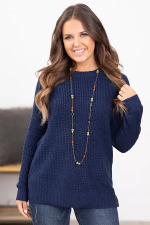 Navy Waffle Knit Round Neck Sweater