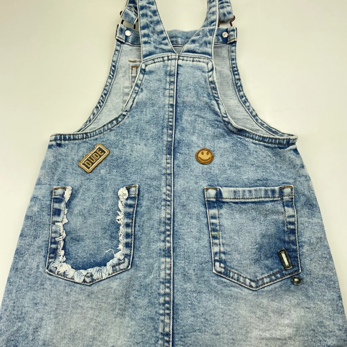Next stretch denim overalls dress / pinafore, small marks lower front, size 6, Pre-loved