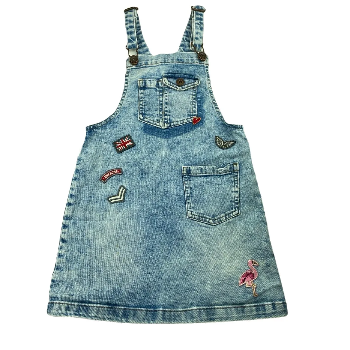 Next stretch denim overalls dress / pinafore, small marks lower front, size 6, Pre-loved