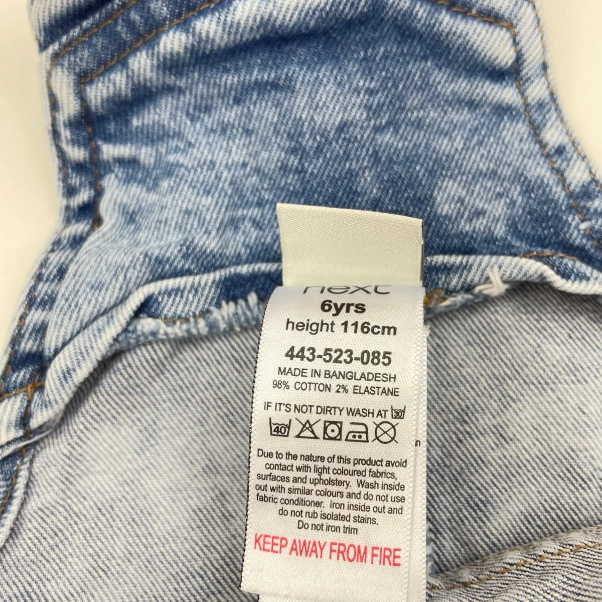Next stretch denim overalls dress / pinafore, small marks lower front, size 6, Pre-loved
