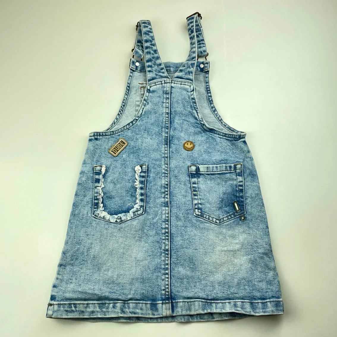 Next stretch denim overalls dress / pinafore, small marks lower front, size 6, Pre-loved