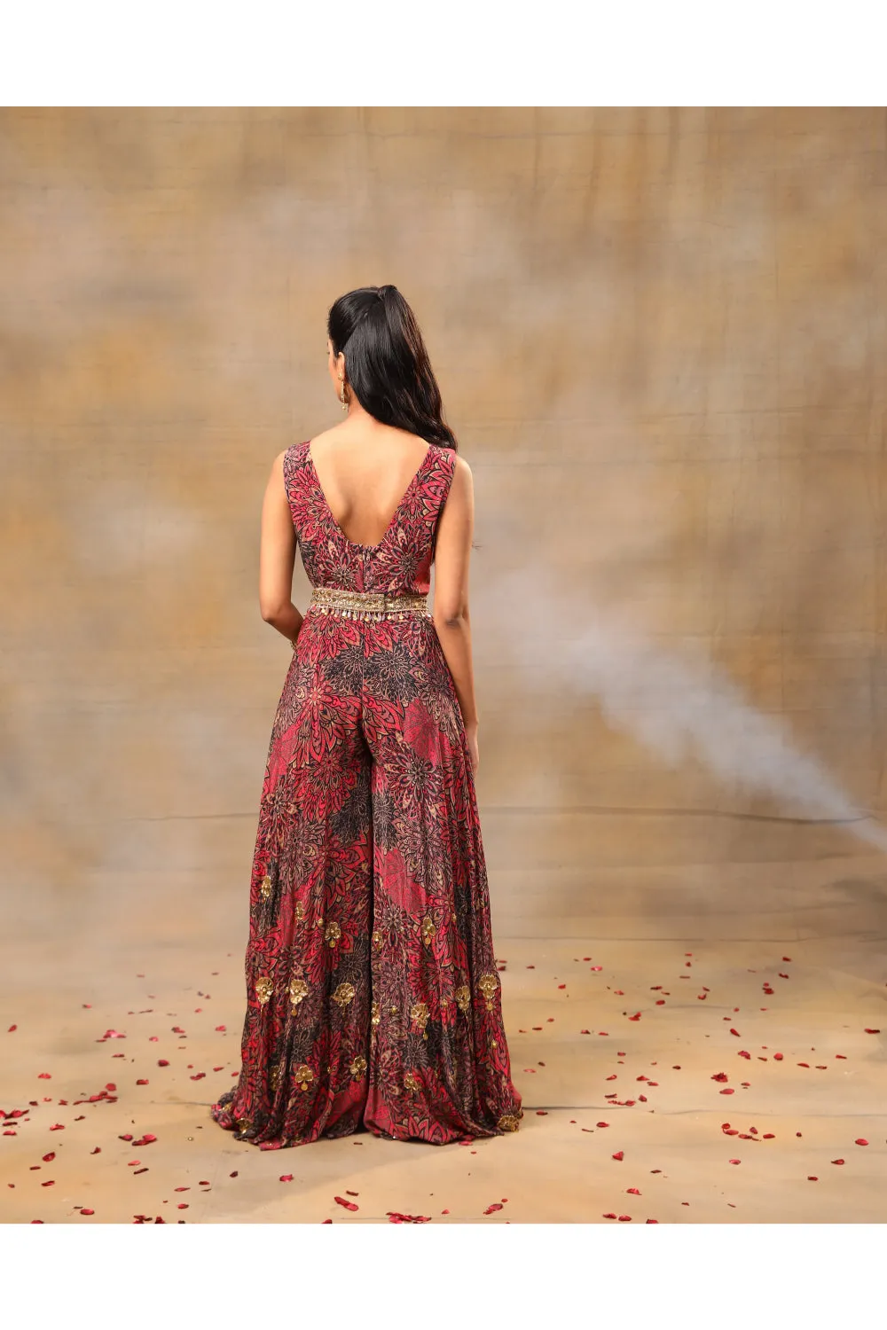 Pink Printed Jumpsuit And Belt With Embroidery