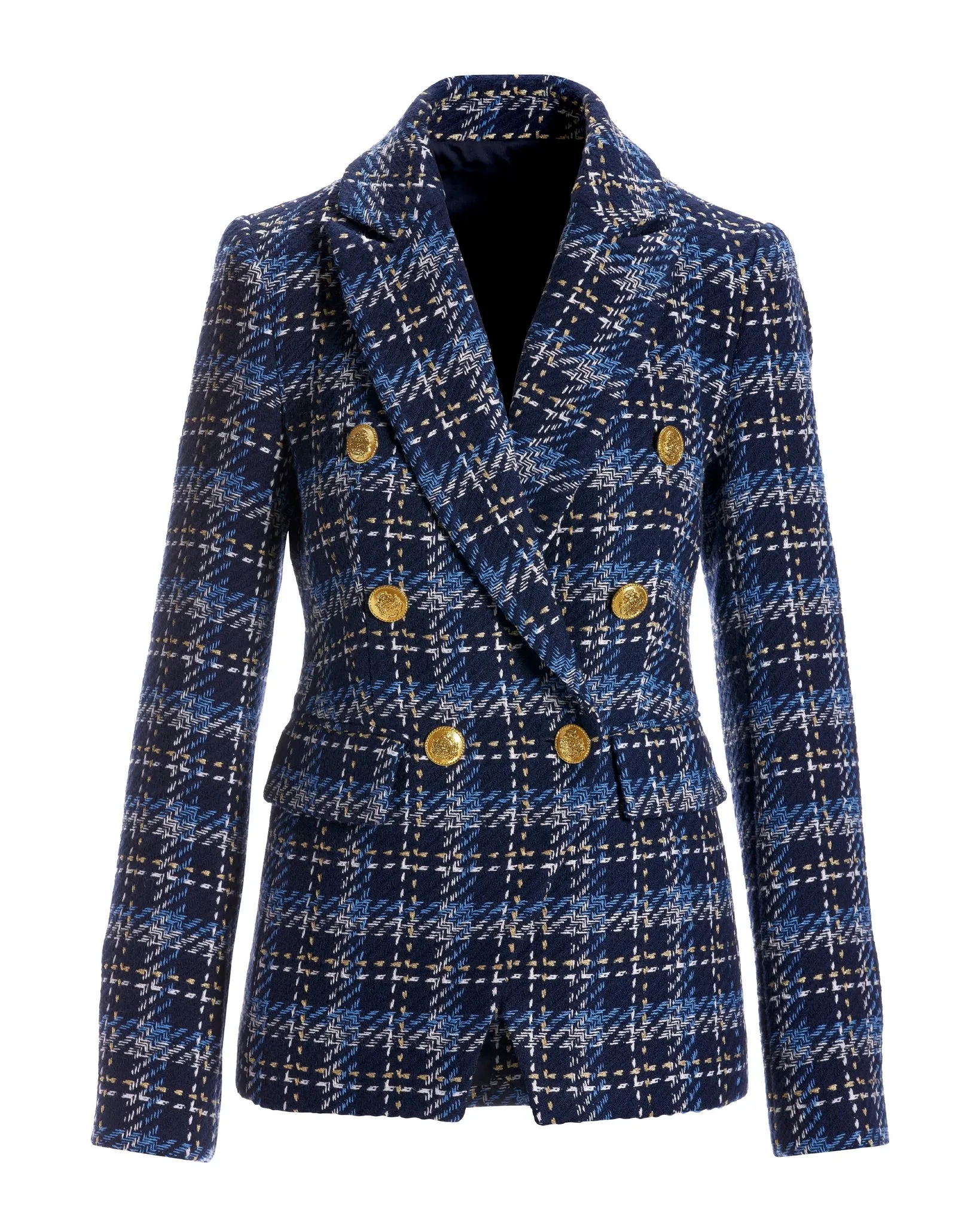 Plaid Tweed Double Breasted Blazer Blue Multi