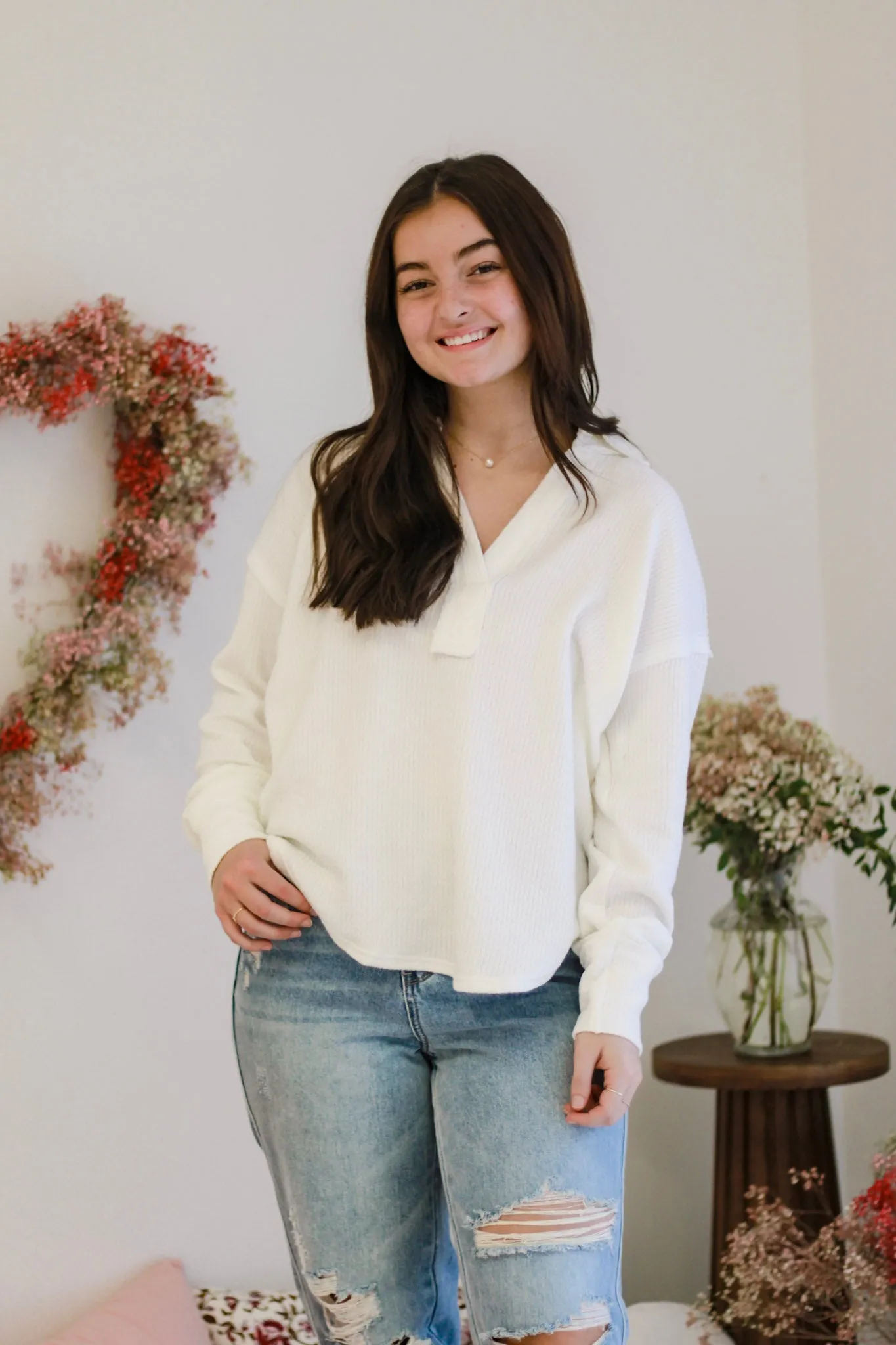 Playing in the Snow White Collared Top