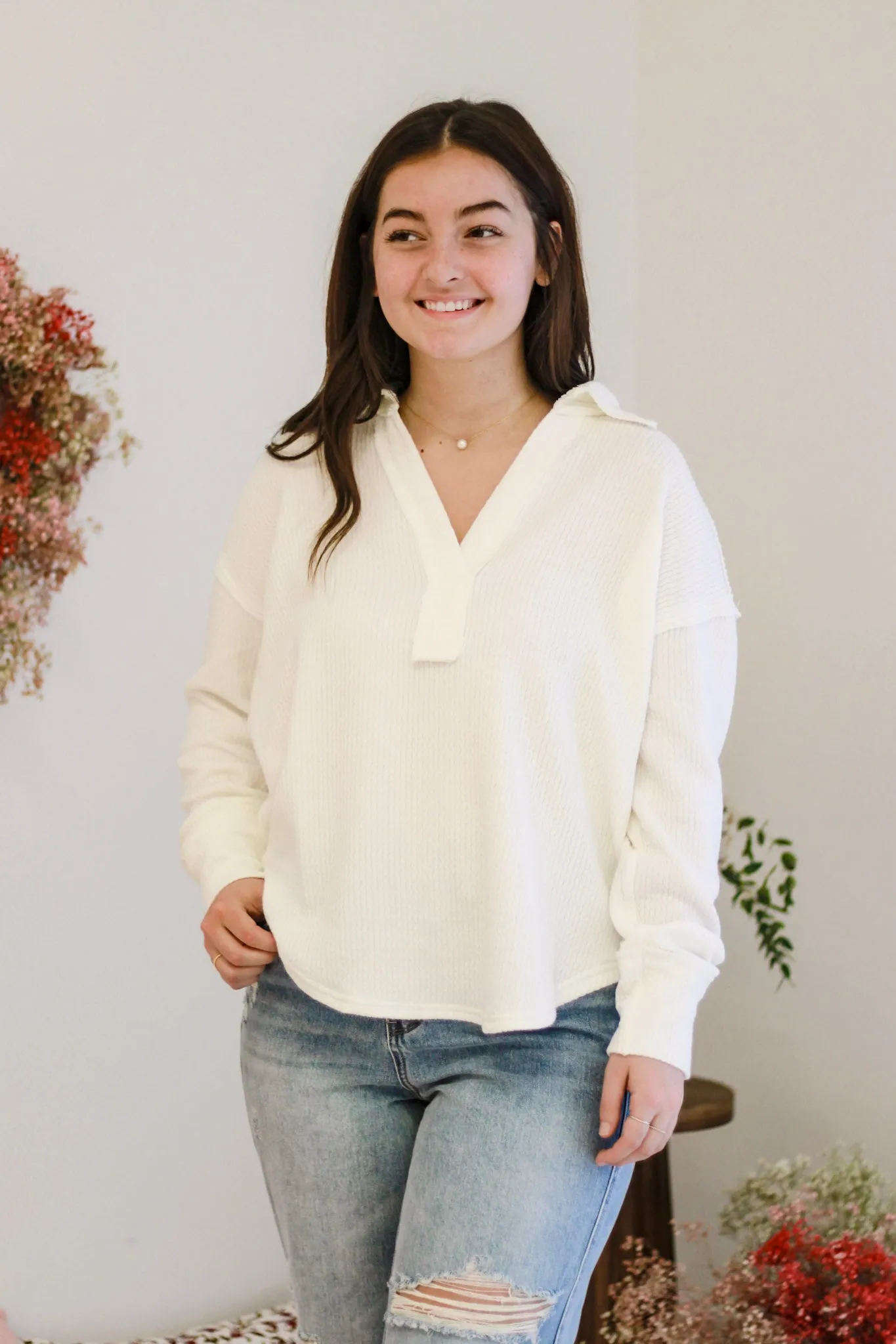 Playing in the Snow White Collared Top