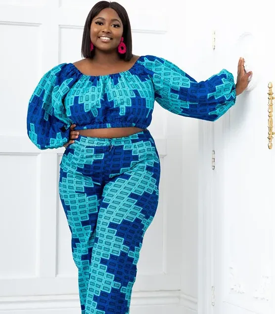Plus Size Off Shoulder 2-Piece Pants Set with Long Puff Sleeves and High Waisted Pants