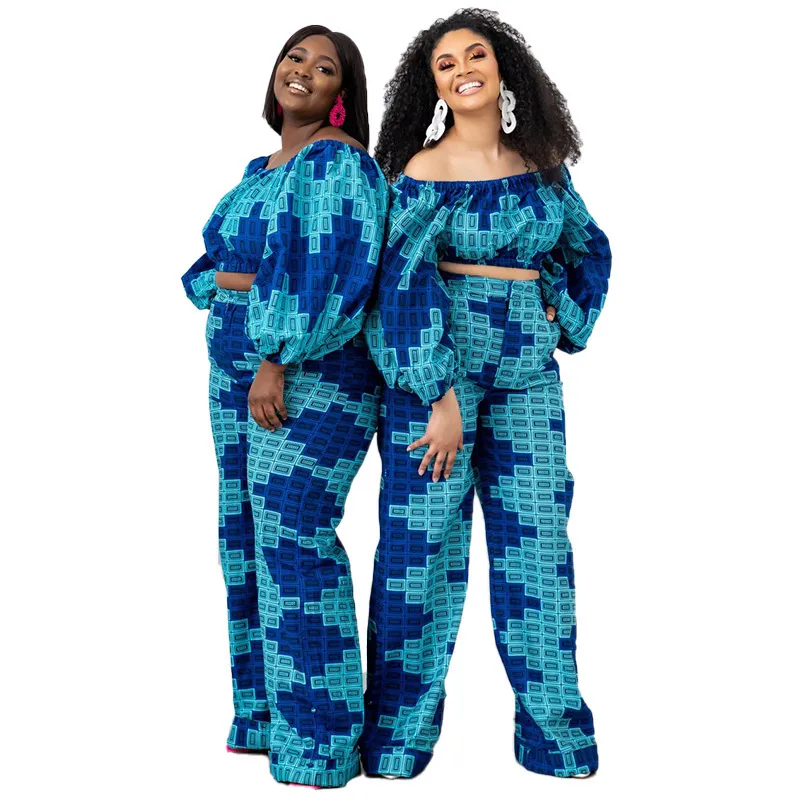 Plus Size Off Shoulder 2-Piece Pants Set with Long Puff Sleeves and High Waisted Pants