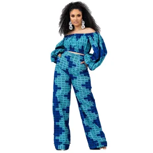 Plus Size Off Shoulder 2-Piece Pants Set with Long Puff Sleeves and High Waisted Pants