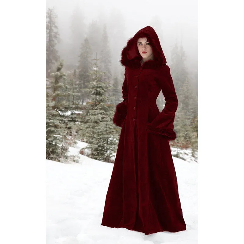 Retro Fur Collar Hooded Single-breasted Solid Color Waisted Slim-fit Windbreaker Jacket