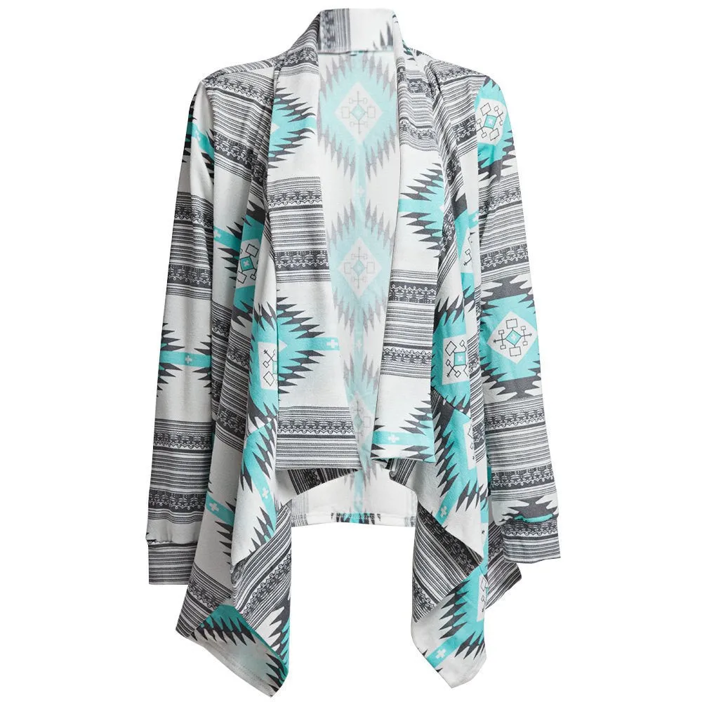 Retro Style Lady Knitted Cardigan Stylish Collarless Long Sleeve Tribal Print Asymmetrical Womens Warm Sweaters for Women