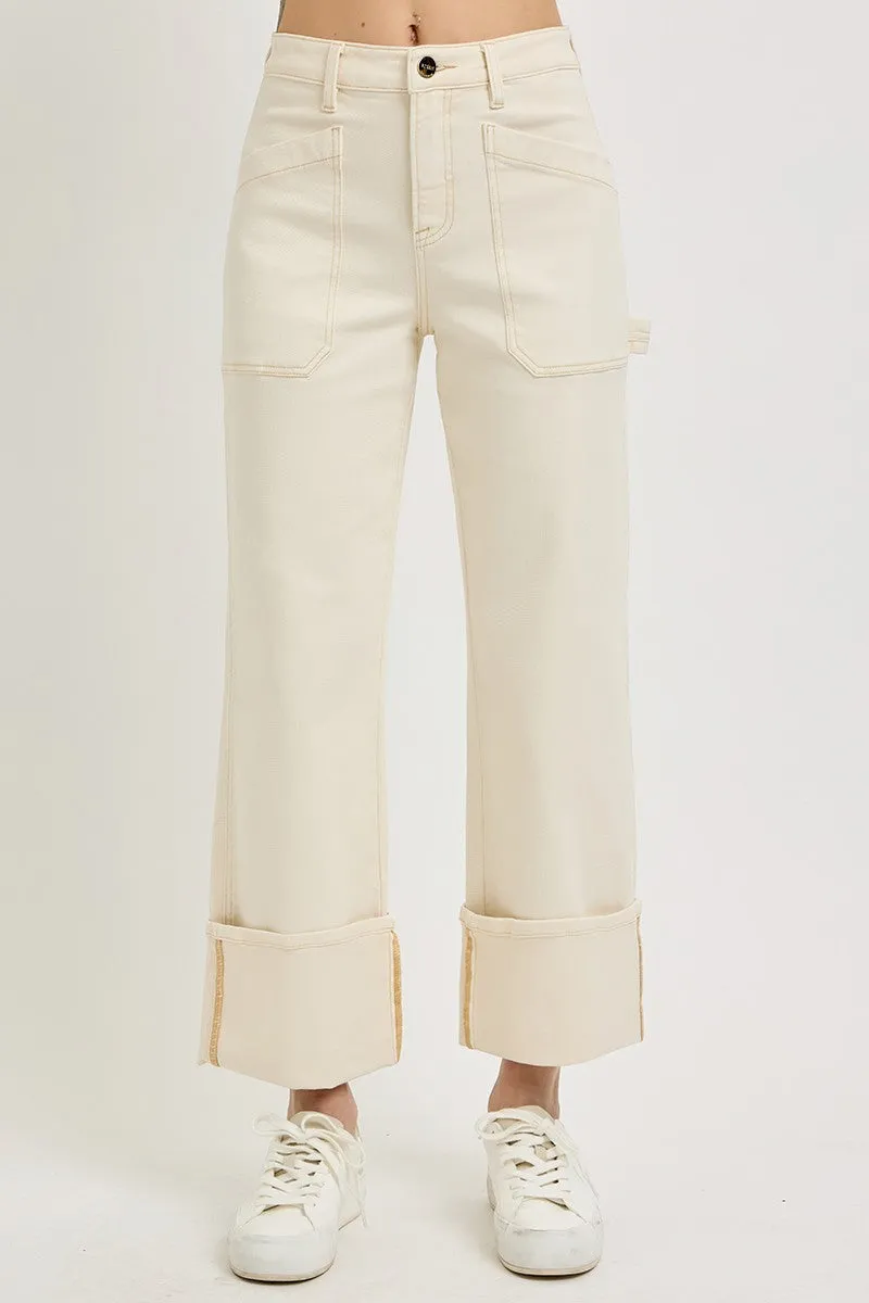Risen Ivory High Rise Wide Straight Cuff Denim