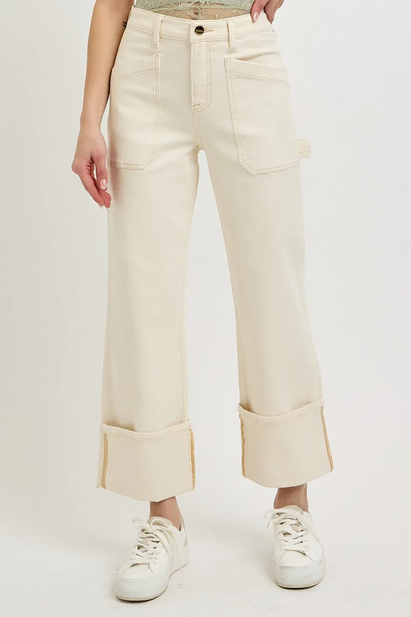 Risen Ivory High Rise Wide Straight Cuff Denim