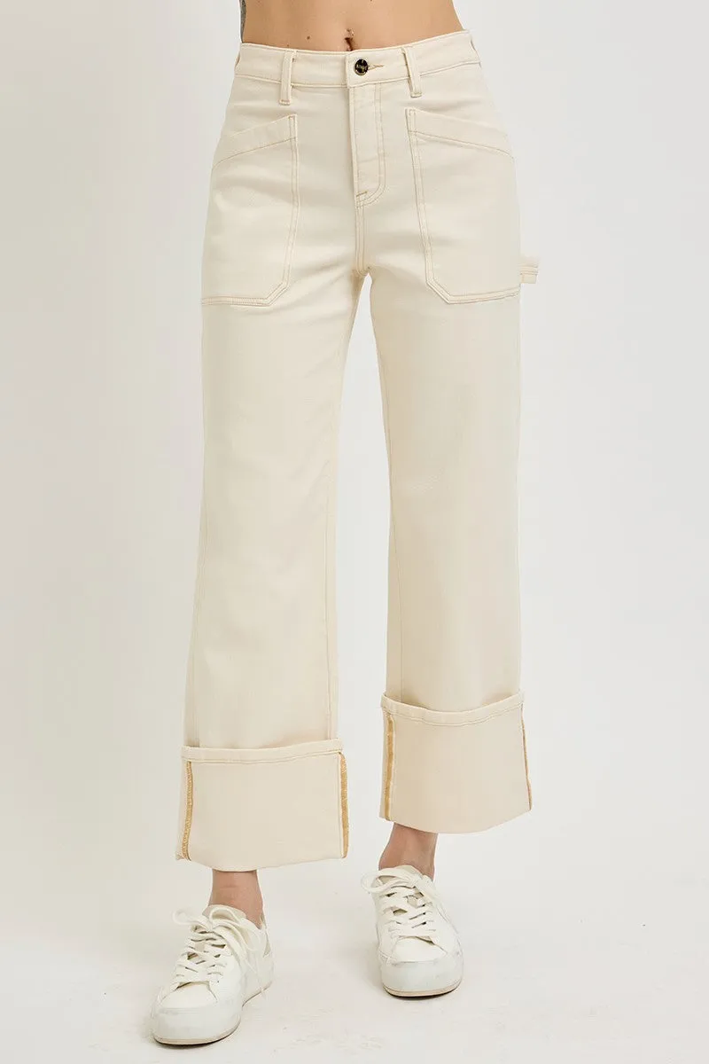 Risen Ivory High Rise Wide Straight Cuff Denim