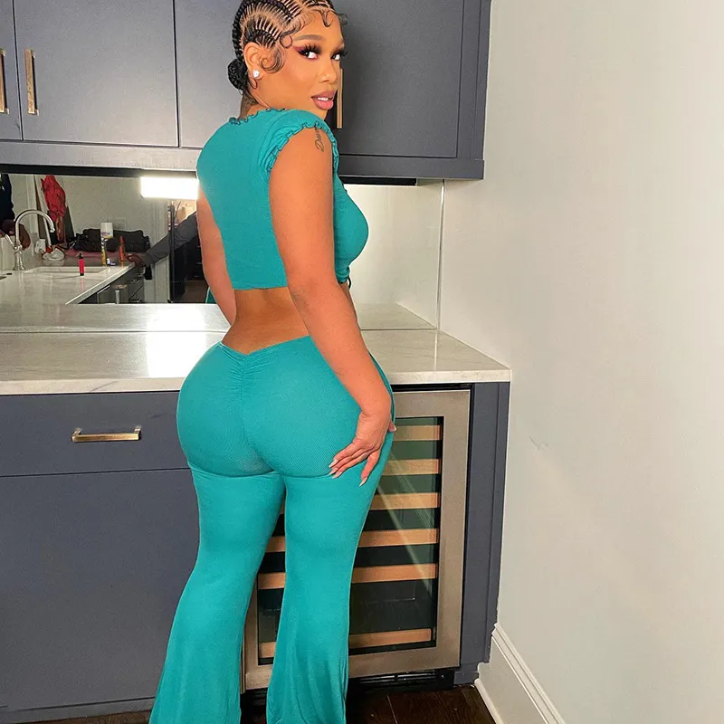 Ruched Crop Top & Flared Pants Set - Trendy 2-Piece Outfit