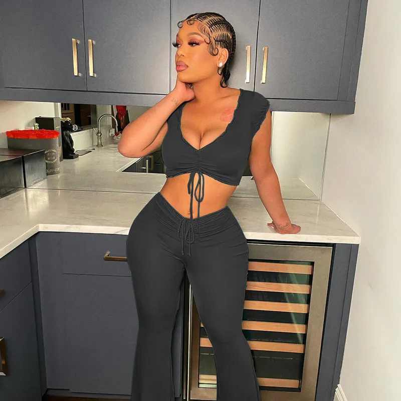 Ruched Crop Top & Flared Pants Set - Trendy 2-Piece Outfit