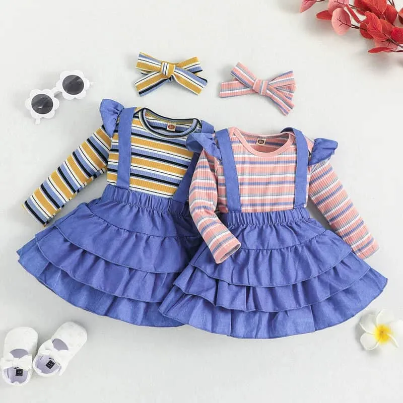 Ruffle Trim Layer Pinafore Skirt & Striped Top Set