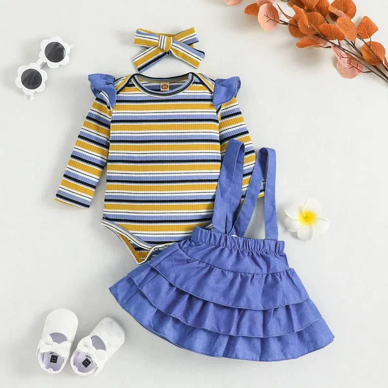 Ruffle Trim Layer Pinafore Skirt & Striped Top Set