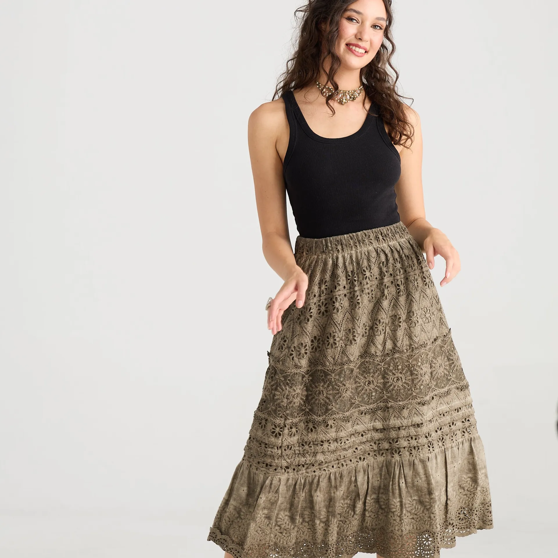 Serendipity lace Maxi skirt.  Peppercorn.