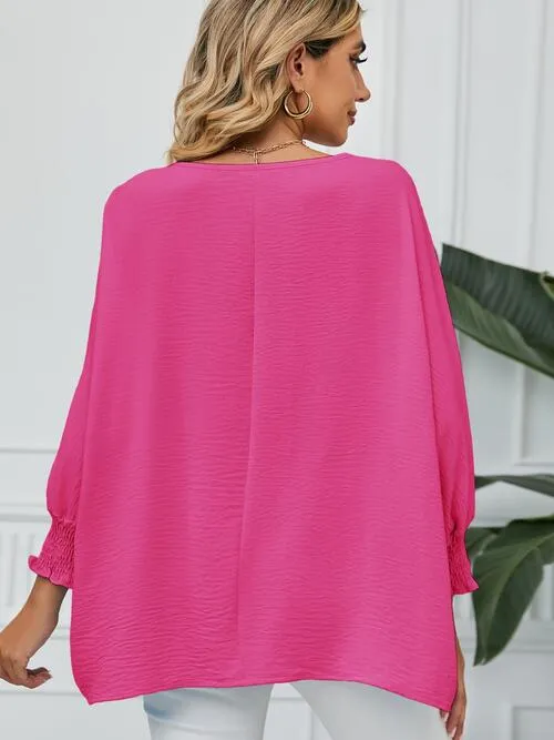Smocked Lantern Sleeve Round Neck Blouse (5 Colors)