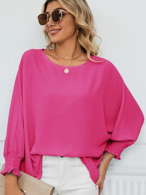 Smocked Lantern Sleeve Round Neck Blouse (5 Colors)