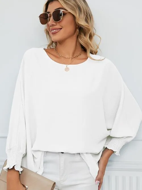 Smocked Lantern Sleeve Round Neck Blouse (5 Colors)