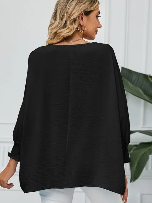 Smocked Lantern Sleeve Round Neck Blouse (5 Colors)