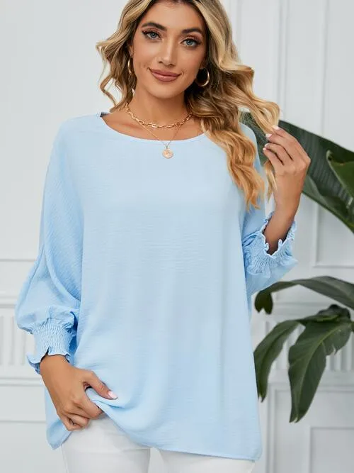 Smocked Lantern Sleeve Round Neck Blouse (5 Colors)