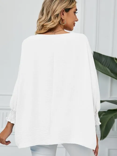 Smocked Lantern Sleeve Round Neck Blouse (5 Colors)