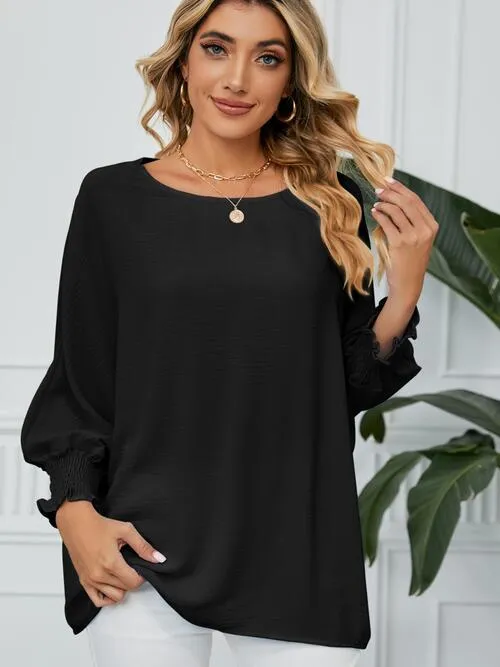 Smocked Lantern Sleeve Round Neck Blouse (5 Colors)