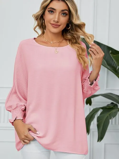 Smocked Lantern Sleeve Round Neck Blouse (5 Colors)