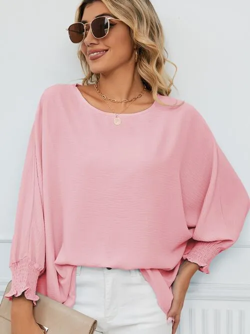Smocked Lantern Sleeve Round Neck Blouse (5 Colors)