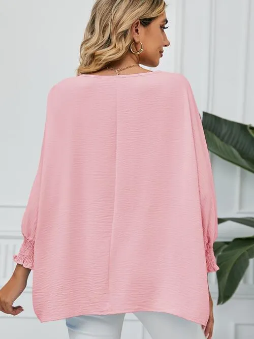 Smocked Lantern Sleeve Round Neck Blouse (5 Colors)