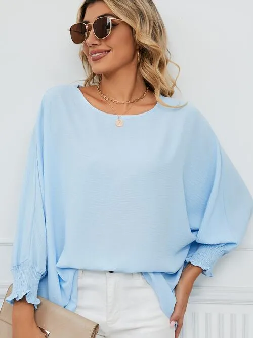 Smocked Lantern Sleeve Round Neck Blouse (5 Colors)