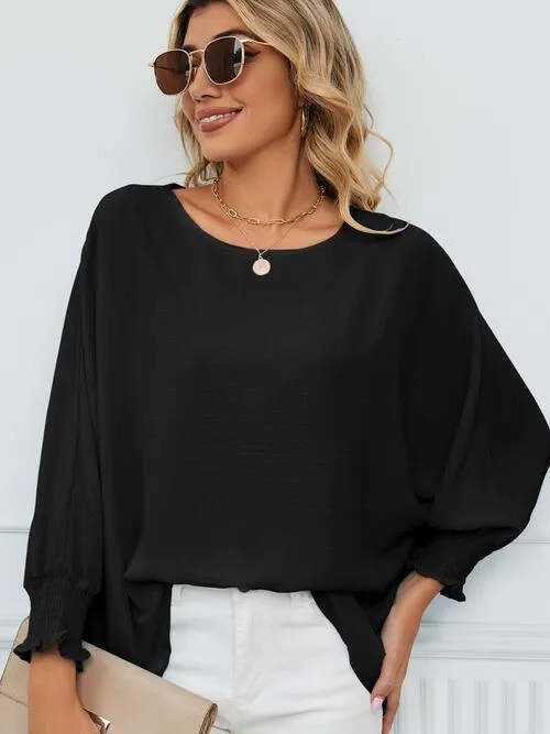 Smocked Lantern Sleeve Round Neck Blouse (5 Colors)