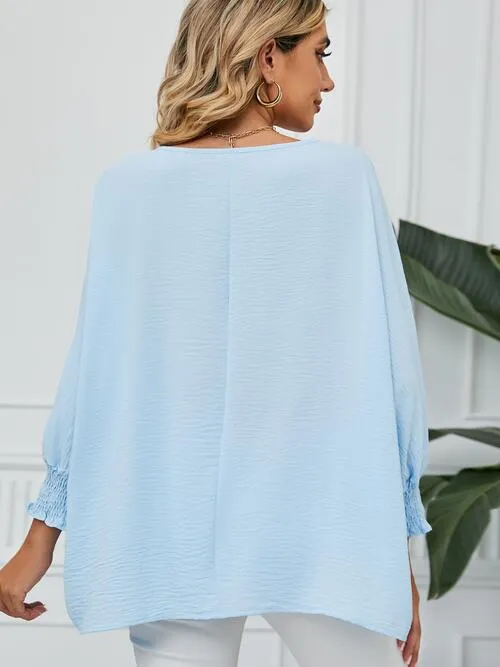 Smocked Lantern Sleeve Round Neck Blouse (5 Colors)