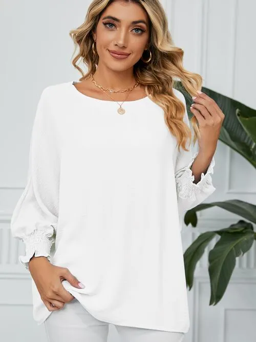 Smocked Lantern Sleeve Round Neck Blouse (5 Colors)