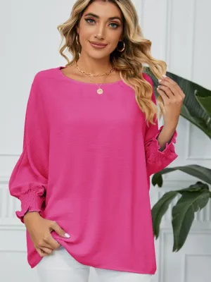 Smocked Lantern Sleeve Round Neck Blouse (5 Colors)