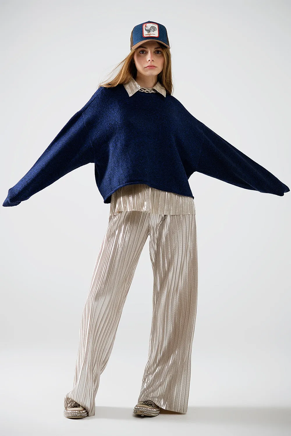 Soft knit navy jumper with balloon sleeves