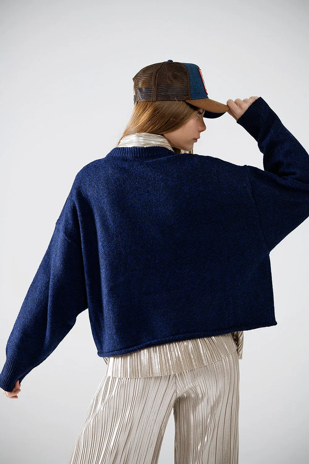 Soft knit navy jumper with balloon sleeves