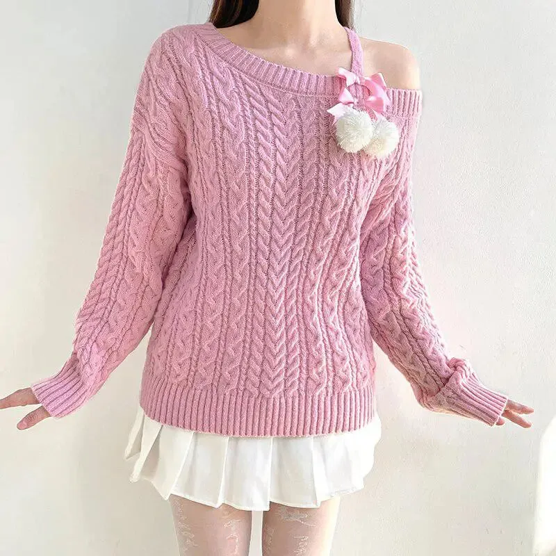 Soft Pink Knit Sweater with Cut-Out Shoulders and Pompom Details