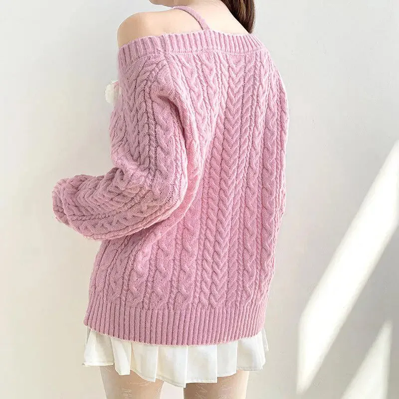 Soft Pink Knit Sweater with Cut-Out Shoulders and Pompom Details