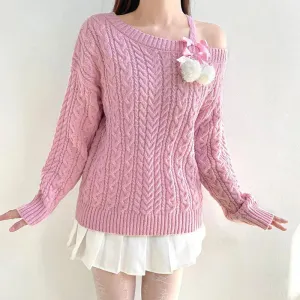 Soft Pink Knit Sweater with Cut-Out Shoulders and Pompom Details