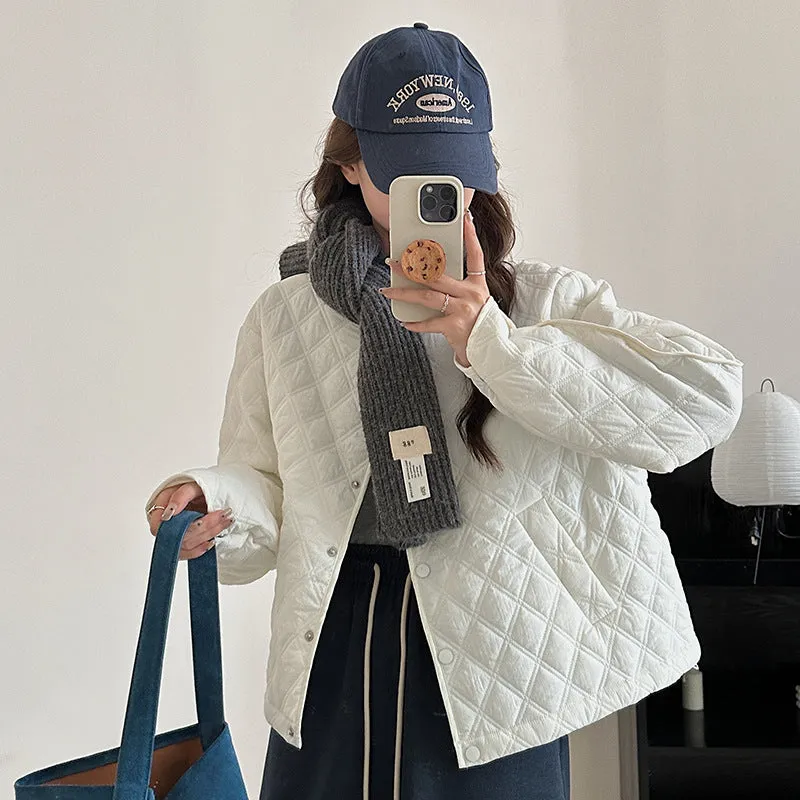 Solid Color Button-up Water-resistant Puffer Jacket for Women