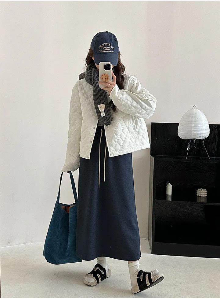 Solid Color Button-up Water-resistant Puffer Jacket for Women
