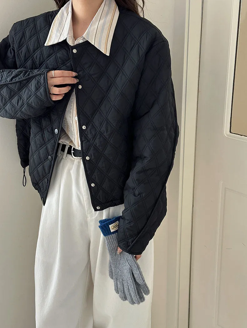 Solid Color Button-up Water-resistant Puffer Jacket for Women
