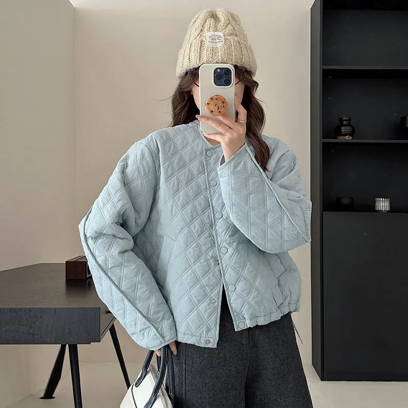 Solid Color Button-up Water-resistant Puffer Jacket for Women