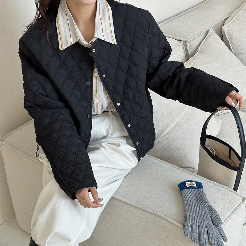 Solid Color Button-up Water-resistant Puffer Jacket for Women