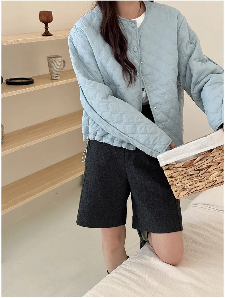 Solid Color Button-up Water-resistant Puffer Jacket for Women